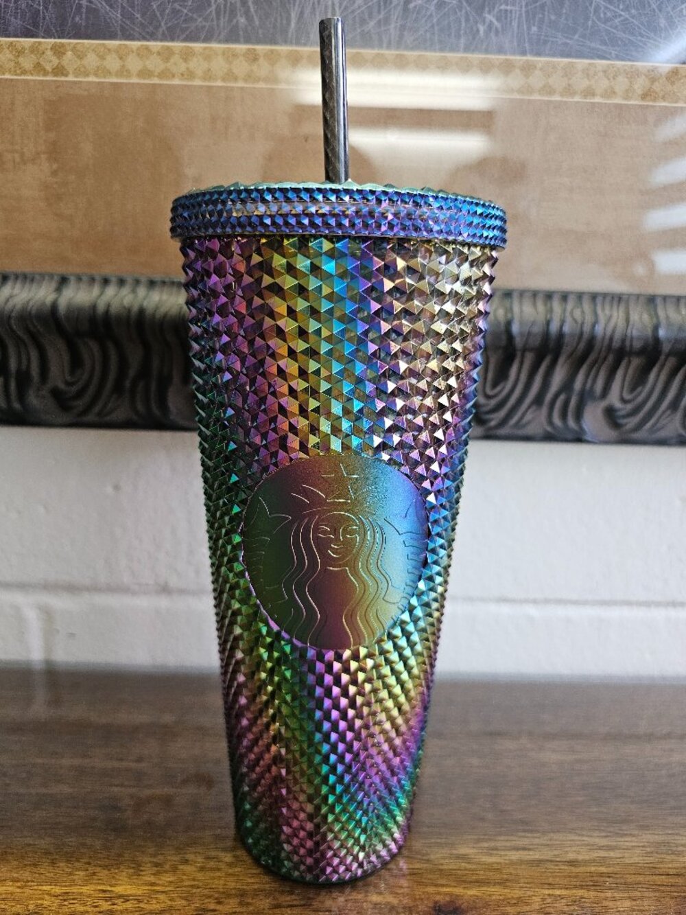 Starbucks Iridescent Black Oil Slick Studded Cold Cup Tumbler 24oz Venti w/Straw